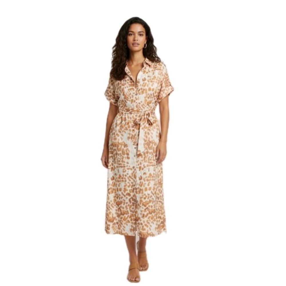 Mango MNG Leopard Print Tie-Waist Midi Shirt Dress Size 6